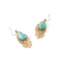 Turquoise Teardrop Stone Gold Leaf Drop Earrings